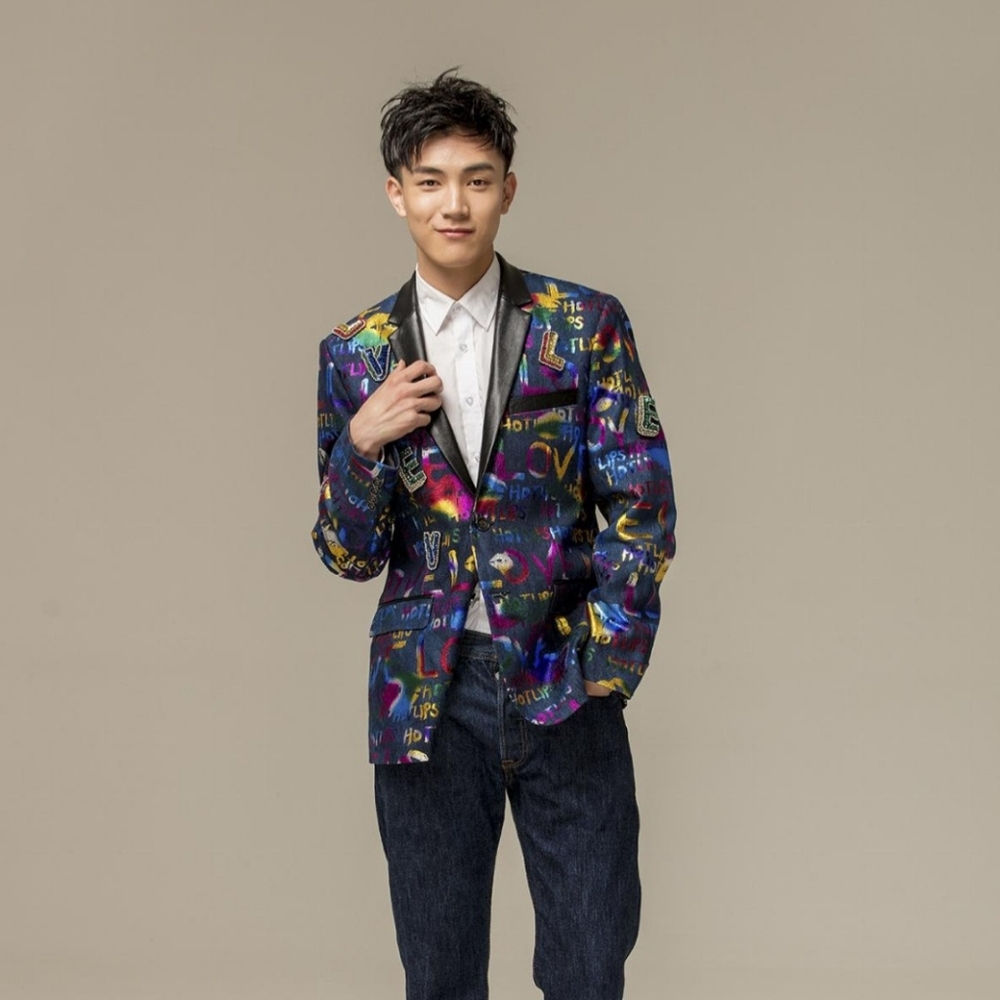 METALLIC GRAFFITI STREET ART DENIM BLAZER WITH FAUX LEATHER COLLAR BEADED PATCH
